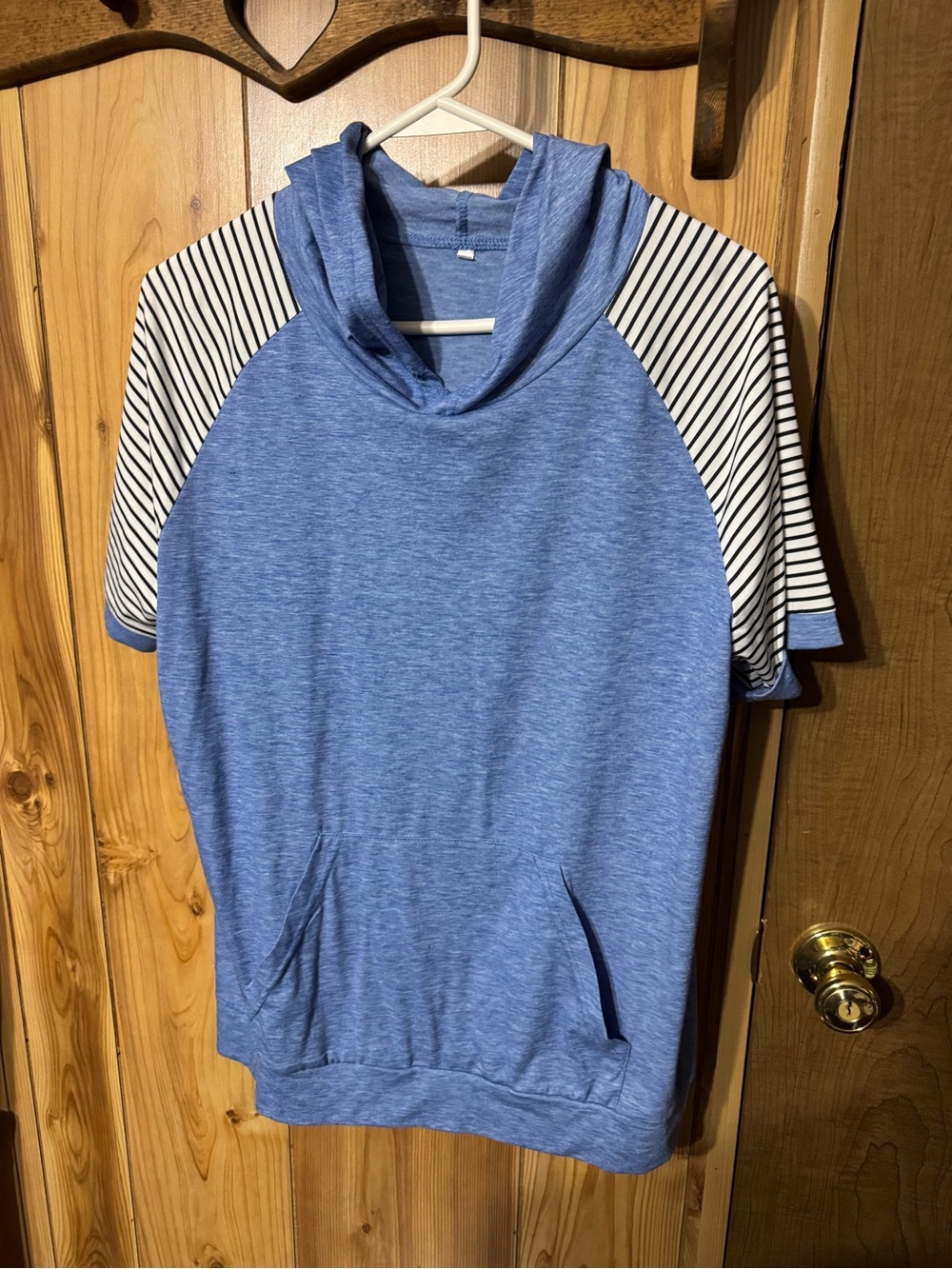 Blue Short-Sleeve Hooded shirt with Striped Raglan Sleeves
